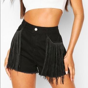 Boohoo High Waisted Tassel Black Jean Shorts